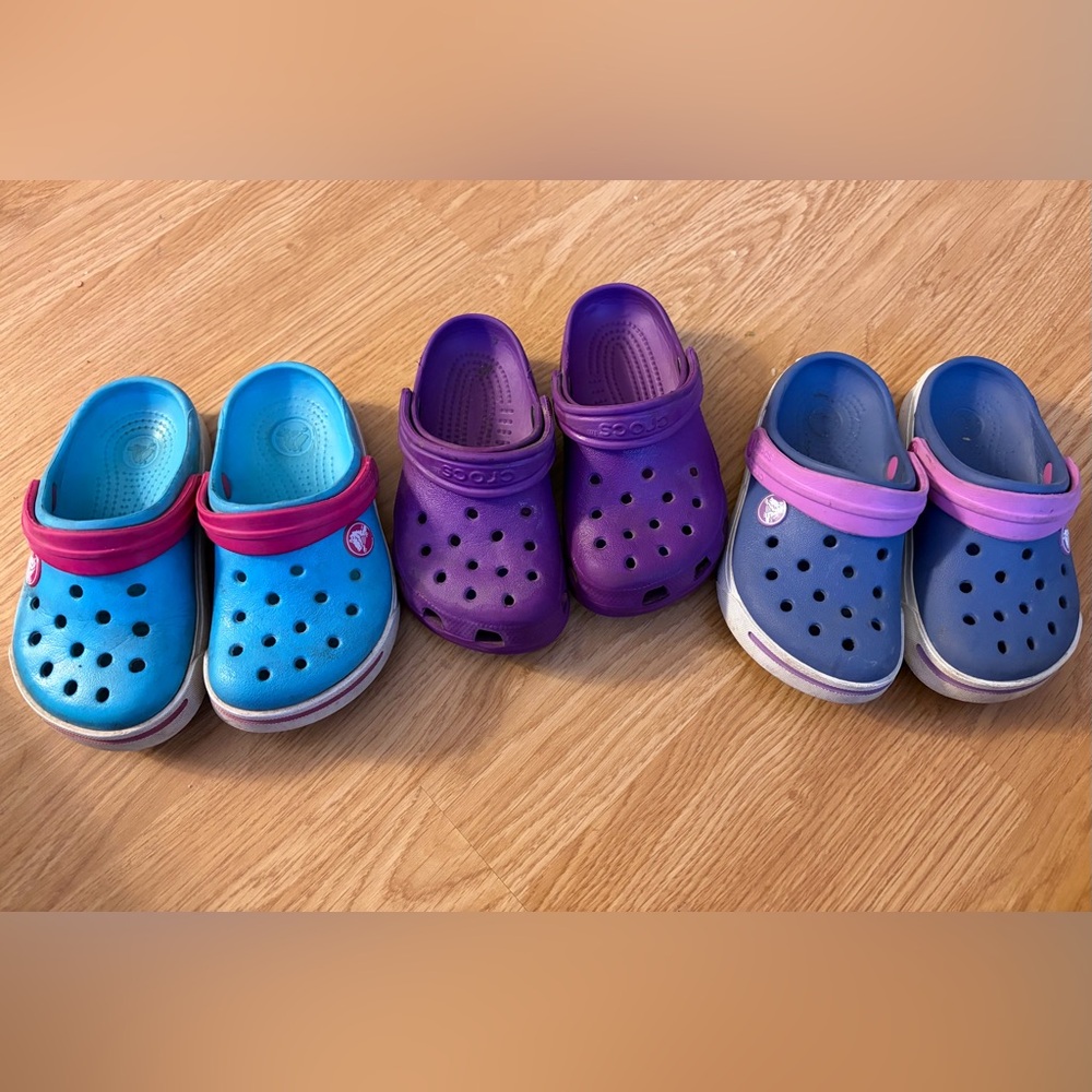 CROCS Kids Size 8 Lot Clogs in Purple, Blue and Pink Accents